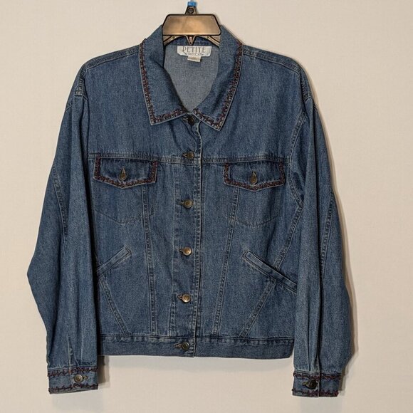 PETITE SOPHISTICATE Blue Denim Jean Jacket w Red Beaded Accents; Size PL - Picture 1 of 5